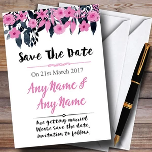 Watercolour Black & Dusty Pink Floral Personalised Wedding Save The Date Cards - Picture 1 of 1