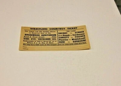 BOLETO DE LUCHA FILADELFIA DÉCADA DE 1960 RARO AUDITORIO BROADWOOD ANCHO Y MADERA Foto 1 de 3