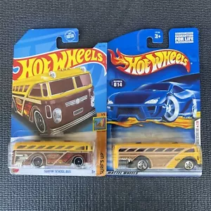 Hot Wheels Surfin' School Bus Woodgrain Panel Boards Gold Coast Beach Palm Trees - Picture 1 of 1