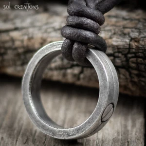 Ring Pendant Leather Cord Necklace for Men Screw Ring Surfer Surf Pewter Rustic - Picture 1 of 6
