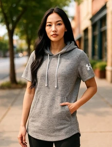 Under Armour Hoodie Shirt Womens Small Gray Short Sleeve Pullover Athletic Logo - Picture 1 of 12