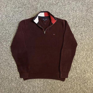 Tommy Hilfiger 1/4 Zip Knit Sweater Burgundy Cotton Jumper Pullover Men’s Medium - Picture 1 of 7