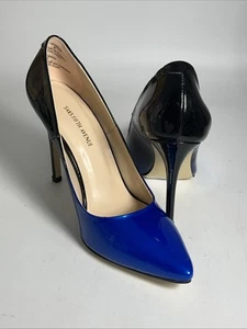 SAKS FIFTH AVENUE Pointy Toe Patent Leather Stiletto Pump 2 Tone Black Blue Sz 8 - Picture 1 of 10