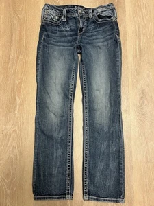 Miss Me Jeans Womens 29 Blue Straight Flap Pockets Low Rise Dark Wash Denim - Picture 1 of 19