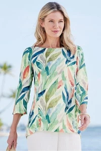 Soft Surroundings XS Leaf Print Pullover Top Ramie/Rayon 3/4 Sleeve FLAW - Picture 1 of 13