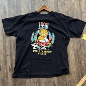 Vintage World Cup 1990 Garfield T-Shirt Mens XL Relaxed Black 90s Football - Picture 1 of 6