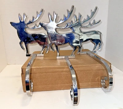Three Stocking Holder Hanger Christmas Reindeer Long Arm Chrome Silver Finish - Image 1 of 4