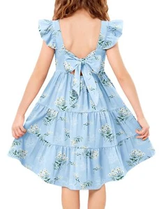 Girls Summer Dress Cotton Twirly Backless High Low Boho Casual Dresses Blue F... - Picture 1 of 8
