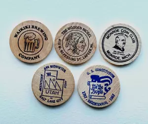 Wooden Token Set of 5 Waikiki Brewing, St.Lapeer, Monroe Club, Utah, South Shore - Bild 1 von 2