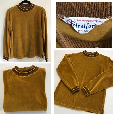Винтажный 60-х 70-х годов мужской STRATFORD бархата длинным рукавом рубашка Sz M вязаный насмешливый шеи/манжеты - Изображение 1 из 4