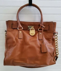 Michael Kors Hamilton Large Satchel Shoulder Handbag Purse Padlock Brown - Picture 1 of 12