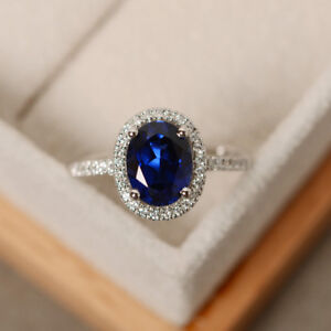 Real Diamond 2.65 Ct Real Gemstone Ring 14K White Gold Blue Sapphire Ring Size 6