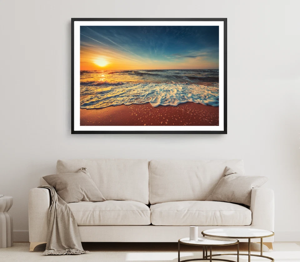 Sea Waves Print, Sea Shore Wall Art, Sunset Sky Framed Beach Wall Art, Coastal  - Image 1 of 1