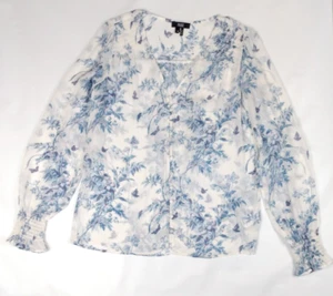 Paige Silk Floral Blouse Sheer White Blue Long Puff Sleeve Fabric Button XS - Picture 1 of 9