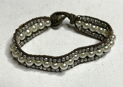 Pulsera AEO imitación perla metal cuentas marrón ribete 7" (judío-267) Foto 1 de 4