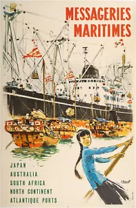 Affiche originale bateau, Brenet, Messagerie Maritime, Navigation, Japon, paquebot 1950 - Photo 1/5