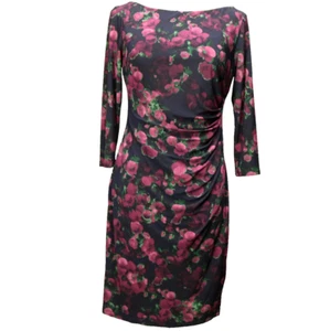 Chaps Floral Pleated 3/4 Sleeve Sheath Dress Knee Length Purple M - Picture 1 of 24