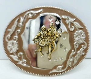 Fibbia cintura danza quadrata linea smalto marrone tono argento abbigliamento western vintage - Foto 1 di 10