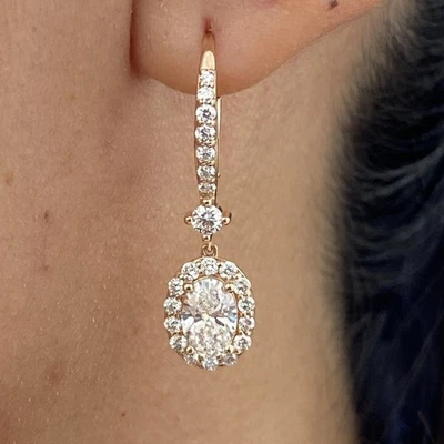 Diamond Hoop Earrings Oval & Round 2.2 Carat E-F VS1 Lab Created 14k Rose Gold - Image 1 of 4