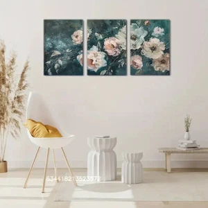 Póster de arte floral azul oscuro 3 piezas pintura al óleo impresión de metal listo para colgar arte - Imagen 1 de 8