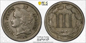 1889 Three Cent Nickel- PCGS AU50 - Original Low Mintage Date - Picture 1 of 3