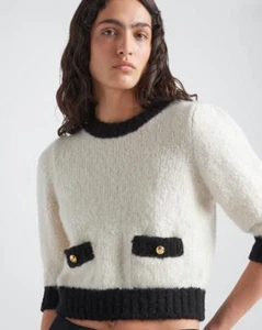 PRADA Soft White/Black Cashmere and Silk Crew Neck Sweater 36/US 0 $3,100 - Picture 1 of 11