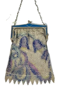 Vintage WHITING & DAVIS Mesh EVENING BAG with FLORAL Mesh & TEAL Enamel - Picture 1 of 10