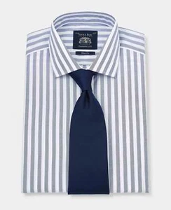 Savile Row Company Men's Slim Fit Navy White Stripe Single Cuff Formal Shirts - Picture 1 of 6