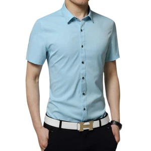 New Mens Dress Shirts Summer Short Sleeves Luxury Camisas Casual Slim Fit Shirts - Picture 1 of 15