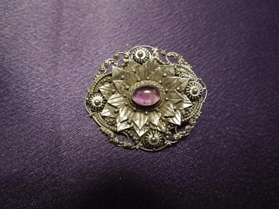 Broche prata esterlina 925 vidro roxo art nouveau floral vintage - Imagem 1 de 4