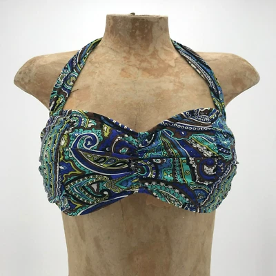 Tommy Bahama Bikini Top Womens Small Blue Black Green Retro Paisley Print Halter - Image 1 of 4