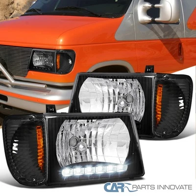 Fits 92-07 Ford Econoline Van Black LED Strip Headlights+Corner Signal Lamps L+R Foto 1 de 4