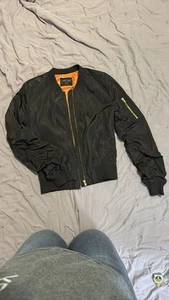 Love Tree Women's Large Bomber Jacket with Pockets Black Orange Full Zip Patches - Picture 1 of 3