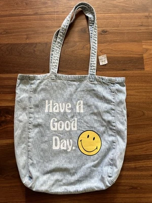 NUEVO Bolso de Mano American Eagle Jean Denim Cara Smiley Buen Día Reutilizable Compras Foto 1 de 4