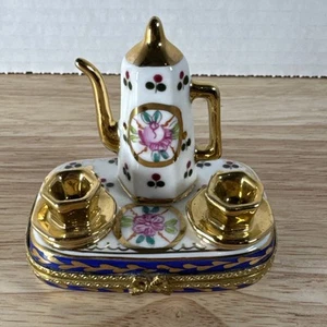 Adeline Porcelain Tea for Two Set Hinged Trinket Box Gold Floral Teapot - Picture 1 of 9