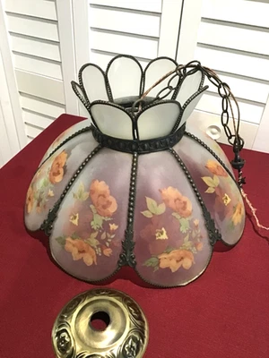 Vintage Swag Hanging Lamp Stained Glass Light Floral Motif 18” Progress Lighting - Image 1 of 4