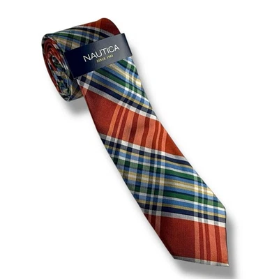 Corbata Madras a Cuadros 100% Seda Nautica para Hombre Multicolor Naranja Azul Verde Preppy NUEVA Foto 1 de 4