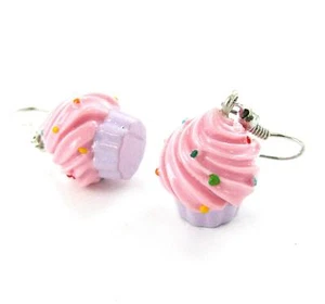 Kitsch Earrings Pink Cupcake Earrings dessert Dangle Woman Teen Lovely Gift - Picture 1 of 2