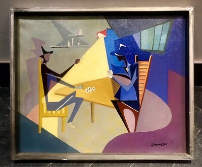 Pintura al óleo cubista de la Escuela de París de los años 30 - Juego de cartas - Firmado ilegalmente Foto 1 de 4