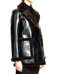 Theory Faux Fur Peacoat Women's Coat XL Espresso Faux Patent Leather Jacket - Picture 1 of 7