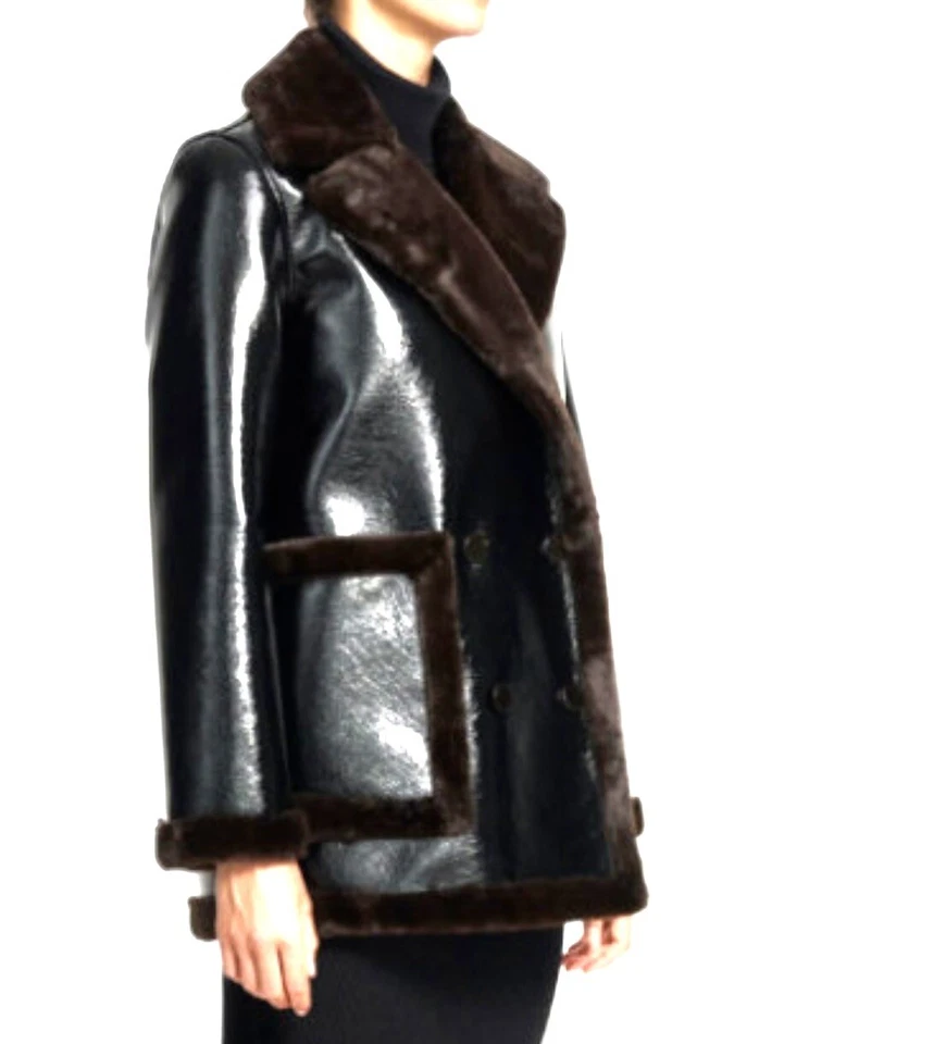 THEORY FUR PEACOAT Espresso Bonded Faux Fur SIZE M