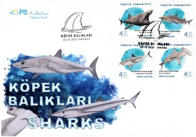 TURKEY 2021 LARGE FIRST DAY COVER SHARKS MARINE LIFE FOUR STAMPS SUPER NICE  - Image 1 of 4