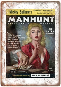 1955 Pulp Cover Manhunt v03 n06 Retro Look Reproduction Metal Sign J1542 - Picture 1 of 2