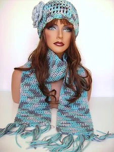 BLUE GRAY  MULT FLOWER HAT AND SCARF SET HAND MADE BEANIE SKULL RASTA CAP BERET - Picture 1 of 12