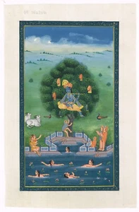 Krishna Raas Leela Pintura De Dios Krishna Ver Mujer Desnuda En Agua 7x11 Pulgadas - Imagen 1 de 6