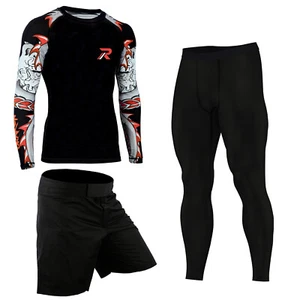 ROAR 3-Pc Set MMA Short BJJ Long Sleeve Rash Guard Grappling Compression Legging - Picture 1 of 14