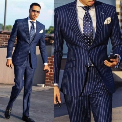 Trajes de negocios a rayas azules para hombre chaqueta pantalón con solapa de un solo pecho 2 piezas Foto 1 de 4