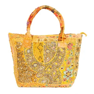 Indian Yellow Vintage Beaded Embroidered Bag Hobo Tote Bag Bohemian Shopping Bag - Picture 1 of 3