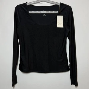 Women's Slim Fit Long Sleeve Knit Satin Scoop Neck T-Shirt - A New Day Black XS - Picture 1 of 2