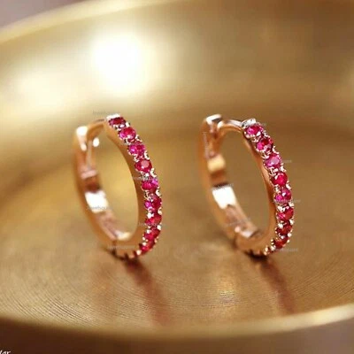 Solid 14k Rose Gold Genuine Ruby Gemstone Huggie Hoops Earrings Fine Jewelry - Image 1 of 2